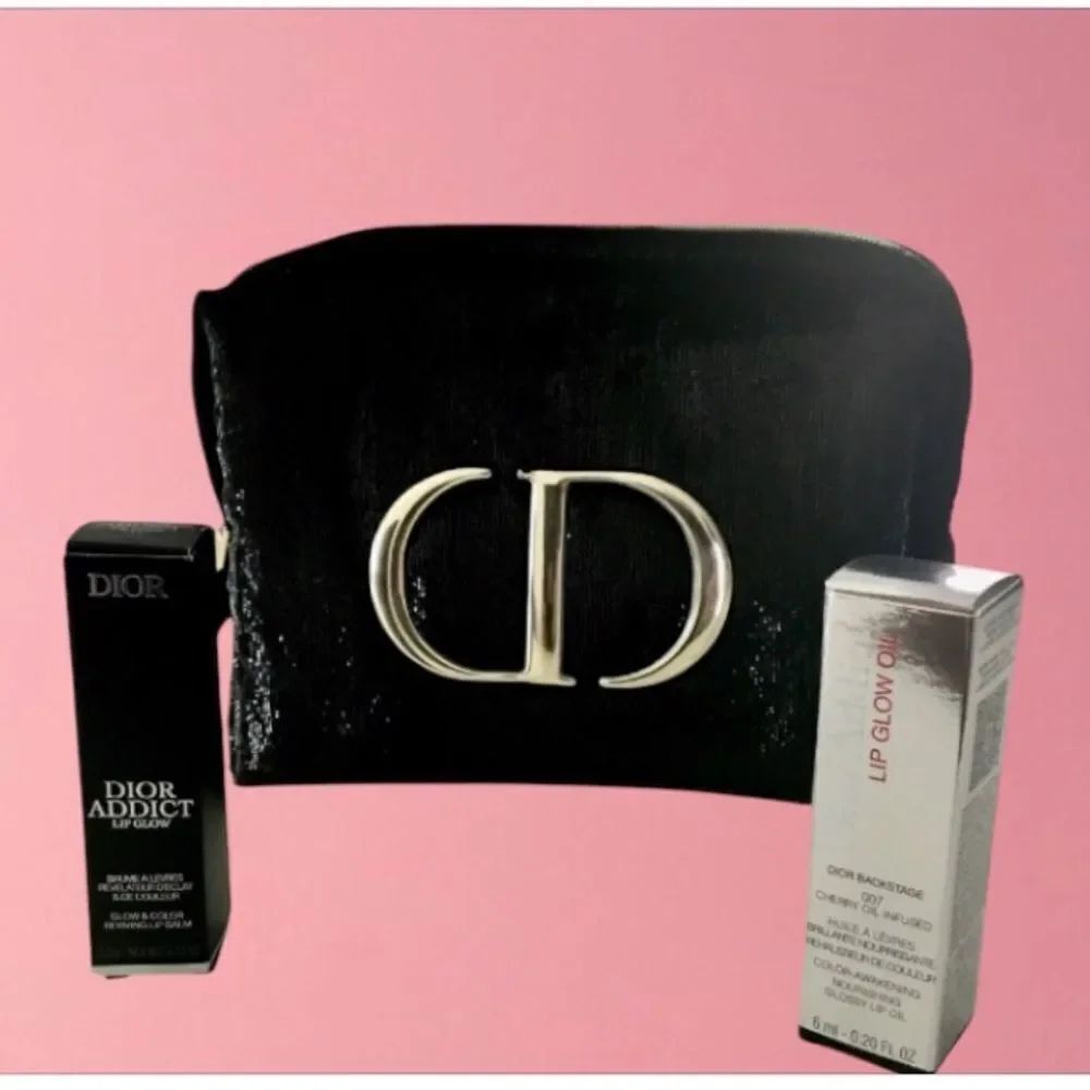 Dior Black Cosmetic Bag with Lip Glow and Lip Glow Oil with Gold Logo